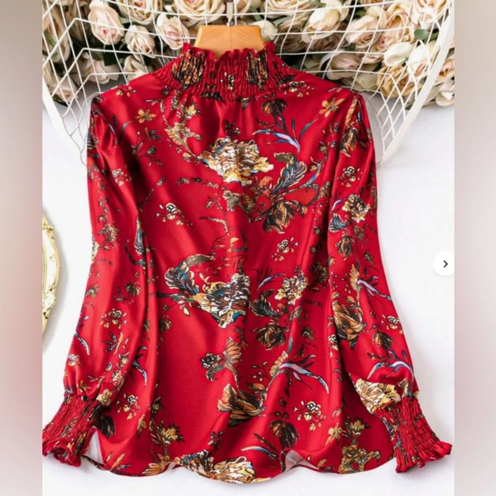 Red Ruched Neck Blouse - Picture 1 of 4